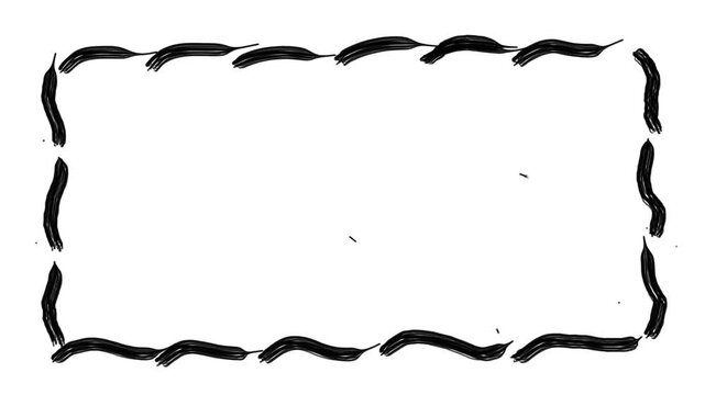 Dynamic wavy black wiggly line frame border, artistic rough manual pencil sketch texture on white background, stop motion animation decorative element.