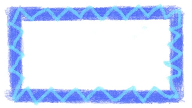 Stop motion blue crayon stroke frame, Rough hand drawn paintbrush texture effect, Dynamic zigzag line animation on white background.