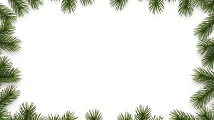 Frame of green pine branches arranged on a white background creating a border around empty space