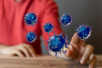 Person's hand reaching for digital virus, touching and interacting with Covid-19 illustration. Healthcare and