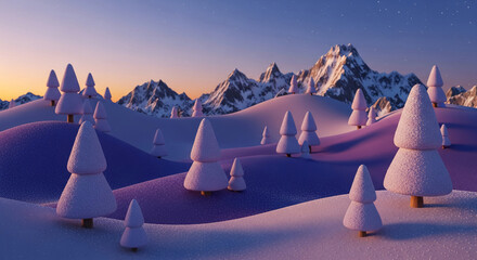 Winter landscape with snowy hills and stylized trees under a starry sky, suggesting calmness, peace, and the beauty of the winter season