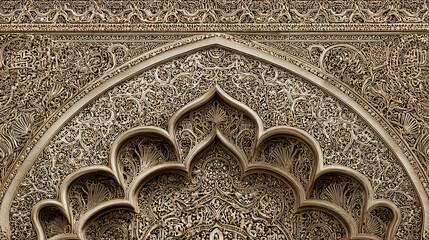 Intricate ornamental patterns on an arched doorway in a sepia tone, showcasing detailed craftsmanship. The doorway's design includes floral and geometric motifs.
