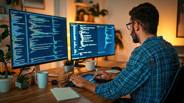 Male developer coding at dual monitor home office night, focused software engineer and programmer on desktop laptop code in modern workspace