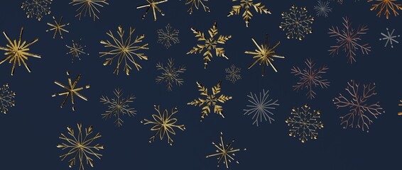 Sophisticated winter backdrop featuring gold and metallic snowflakes on a navy blue background. Ideal for Chri