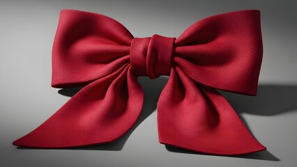 A close up view of a large red bow tie with a textured surface against a gray background studio shot
