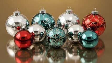 A collection of christmas ornaments in silver red and teal with decorative designs on a gold background