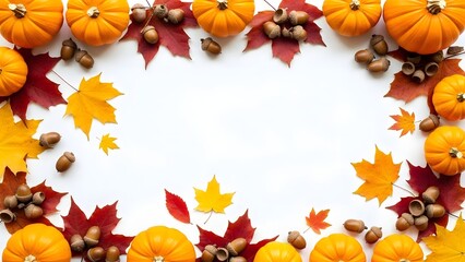 Autumnal arrangement of pumpkins acorns and leaves forming a border on a white background space for text
