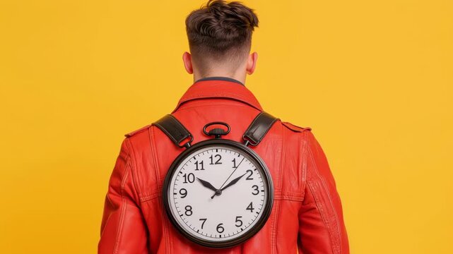 Male adult back profile with red jacket and red leather jacket, large round clock backpack, quirky hairstyle haircut, playful time management