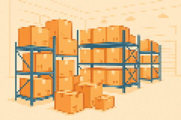 Pixel Art Warehouse Storage Interior Scene With Stacked Cardboard Boxes And Industrial Metal Racks In Mosaic Style Vector Illustration For Logistics Inventory Concept