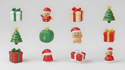 A collection of christmas themed objects including gifts trees and characters on a white background