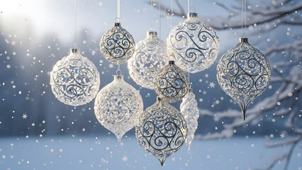 Ornate silver christmas ornaments hanging against a snowy winter background for the holidays season