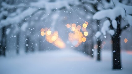 Snowy scene with blurred lights and trees covered in snow creating a winter wonderland atmosphere