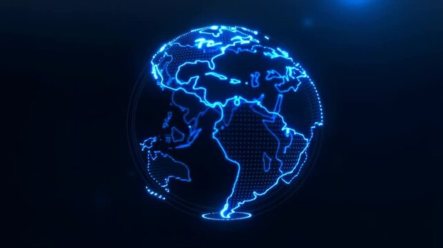 Futuristic digital globe with glowing blue data points and lines rotating slowly on dark background, representing global big data connections and advanced technology