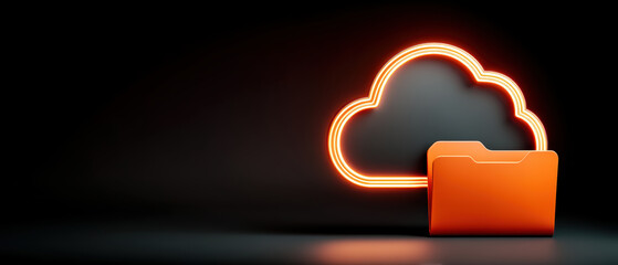 Cloud storage folder icon with glowing neon outline data security concept in dark room