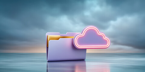 Cloud folder concept showing data security with neon cloud above folder protecting files
