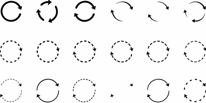 Various circular arrow and dotted circle designs arranged in neat rows