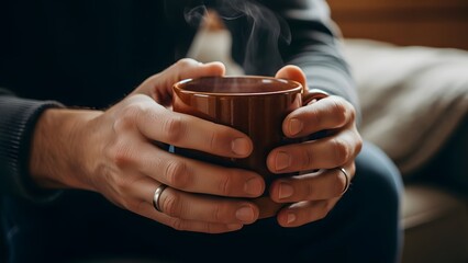 Man holding a steaming brown mug with both hands wearing rings and a dark sweater indoors in soft light