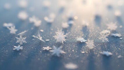 A close up shot of several snowflakes resting on a surface with a blurred background in wintertime