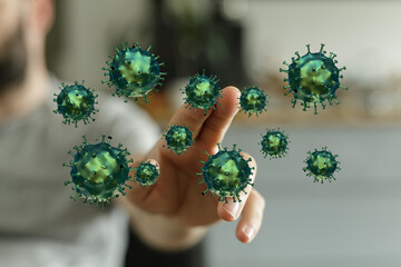 Abstract image of a person touching a digital representation of the coronavirus to illustrate research or dise