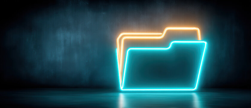 Neon folder glowing on dark wall data security concept with blue and orange light - Powered by Adobe