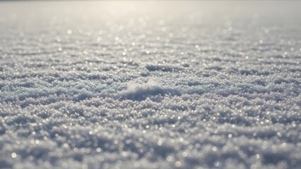 A close up view of a snowy field with sunlight glistening on the surface of the snow and ice crystals