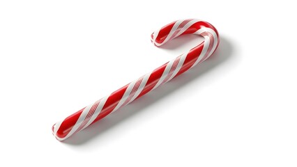 A single candy cane featuring red and white stripes isolated on a plain white background surface view