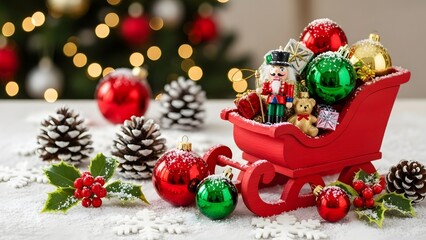 Festive christmas display with red sleigh ornaments and pine cones on snowy white surface scene decor
