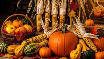 A harvest display featuring pumpkins gourds corn and fall leaves arranged in a rustic setting view