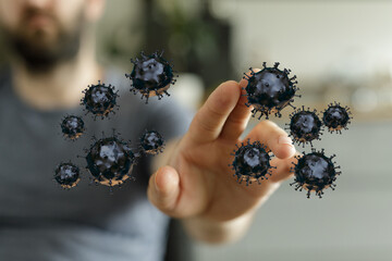 Abstract image showing hand touching 3D model of virus cells, conceptual visualization of danger, disease outb