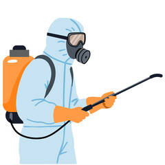 Man in hazmat suit with respirator, goggles, and sprayer. Disinfecting and cleaning concept for epidemic prevention.