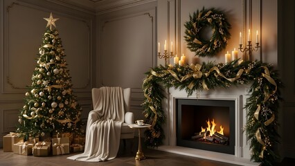 Christmas tree and fireplace with decorations in a cozy living room with gifts and chair