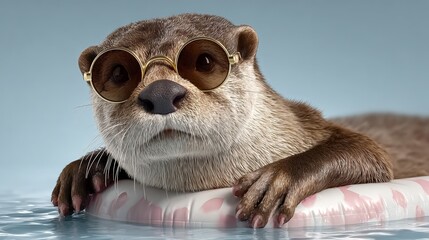 Playful otter wearing stylish sunglasses, lounging on a colorful float in a serene pool, showcasing a fun and relaxed summer vibe with water reflections and bright atmosphere
