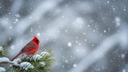 A cardinal perched on a snowy pine branch during a winter snowfall in a blurred background view