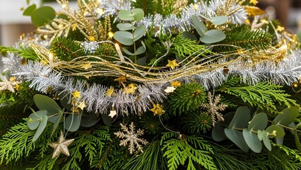 Close up of a christmas arrangement with green foliage and silver and gold decorations showing detail