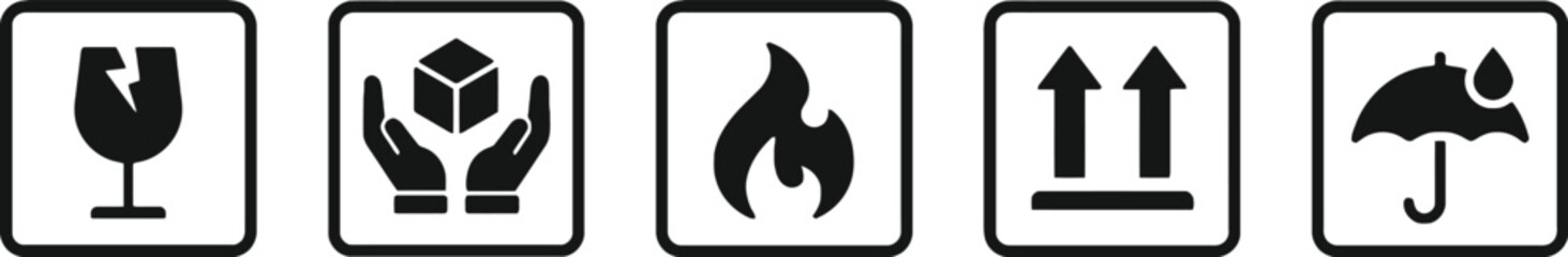 safety, five, handle, signs/, protection, warning, background, symbol, flammable, side, icon, care, enclosed, shipping, design, symbols, pending, illustration, keywords:, icons., graphic, frames, blac