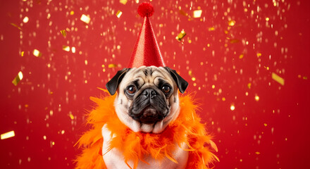 Pug wearing red party hat and orange feather boa against red backdrop with falling confetti, symbolizing festivity, celebration, and cheerful mood