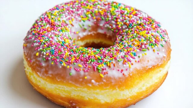 Video A colorful donut with sprinkles on a plain white surface