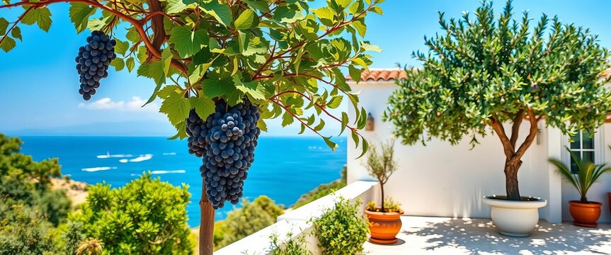 Sunny Mediterranean terrace with grapes and an olive tree,  olive tree,  outdoors