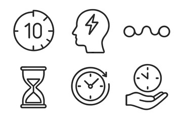 Time management icons set: clock, head, hourglass, spiral