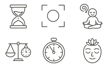 Minimalist icons of mindfulness and time management with meditation and balance symbols