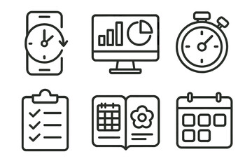 Minimalist icons for productivity apps: clock, chart, timer, checklist, planner, calendar