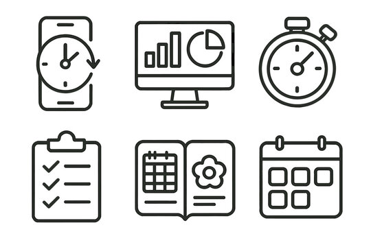 Minimalist icons for productivity apps: clock, chart, timer, checklist, planner, calendar