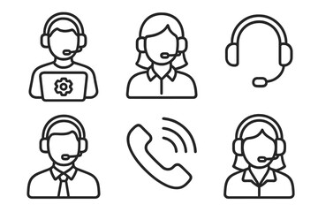 Fototapeta premium Customer service icon set: male and female call center agents and phone symbols