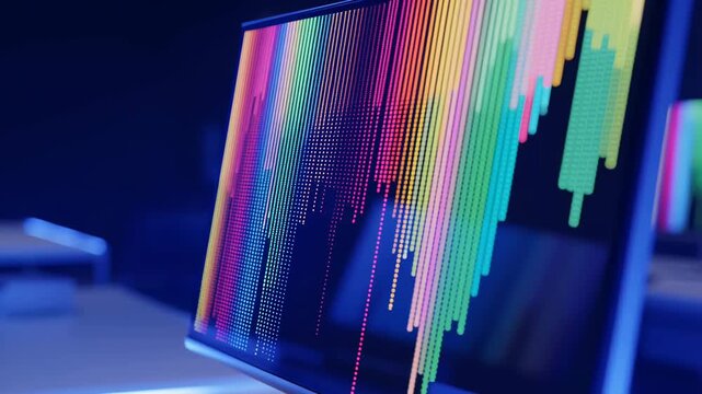 Pixel sorting algorithm visualization on computer monitor with colorful vertical pixel displacement animation in futuristic tech environment