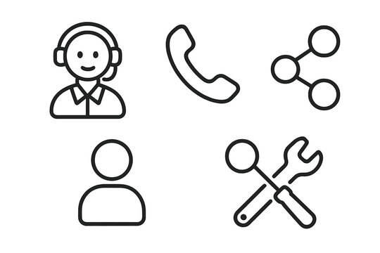 Simple line art icons of communication and tools on white background