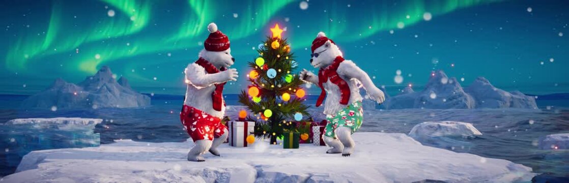 Christmas Party: Funny polar bears dance on an ice floe among icebergs at the North Pole. Animated 3D video for holiday events, greeting cards, and winter-themed content.