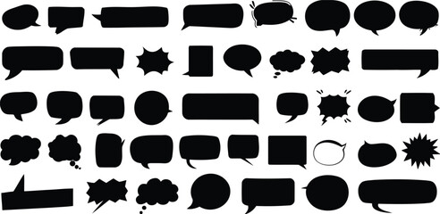 speech bubble, thought bubble, chat, communication, message, dialogue, conversation, talk, quote, blank, empty, shape, icon, symbol, set, collection, graphic, design, element, silhouette, black, white