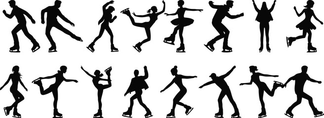 elegance, silhouettes, winter, competition, background, motion, collection, different, athlete, grace, spin, design, pending, poses, keywords:, performance, dance, skater, jump, black, illustration