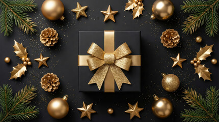 Elegant black gift box with gold ribbon surrounded by golden christmas ornaments, pine cones, stars, and fir branches on a dark background