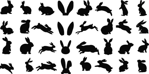 jumping, various, design, white, standing, rabbits, running, playful, including, poses, wildlife, animals/, animal, rabbit, black, failed, bunny, keywords:, illustrations, ears., error